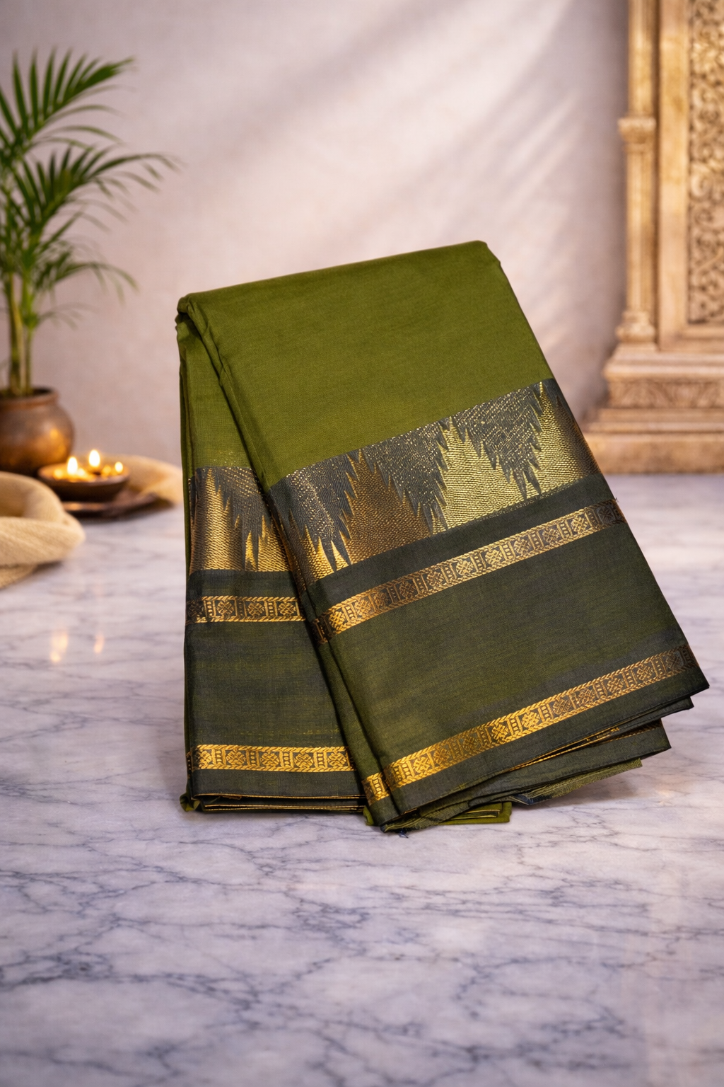 Sap green with dark green border - Chettinad cotton