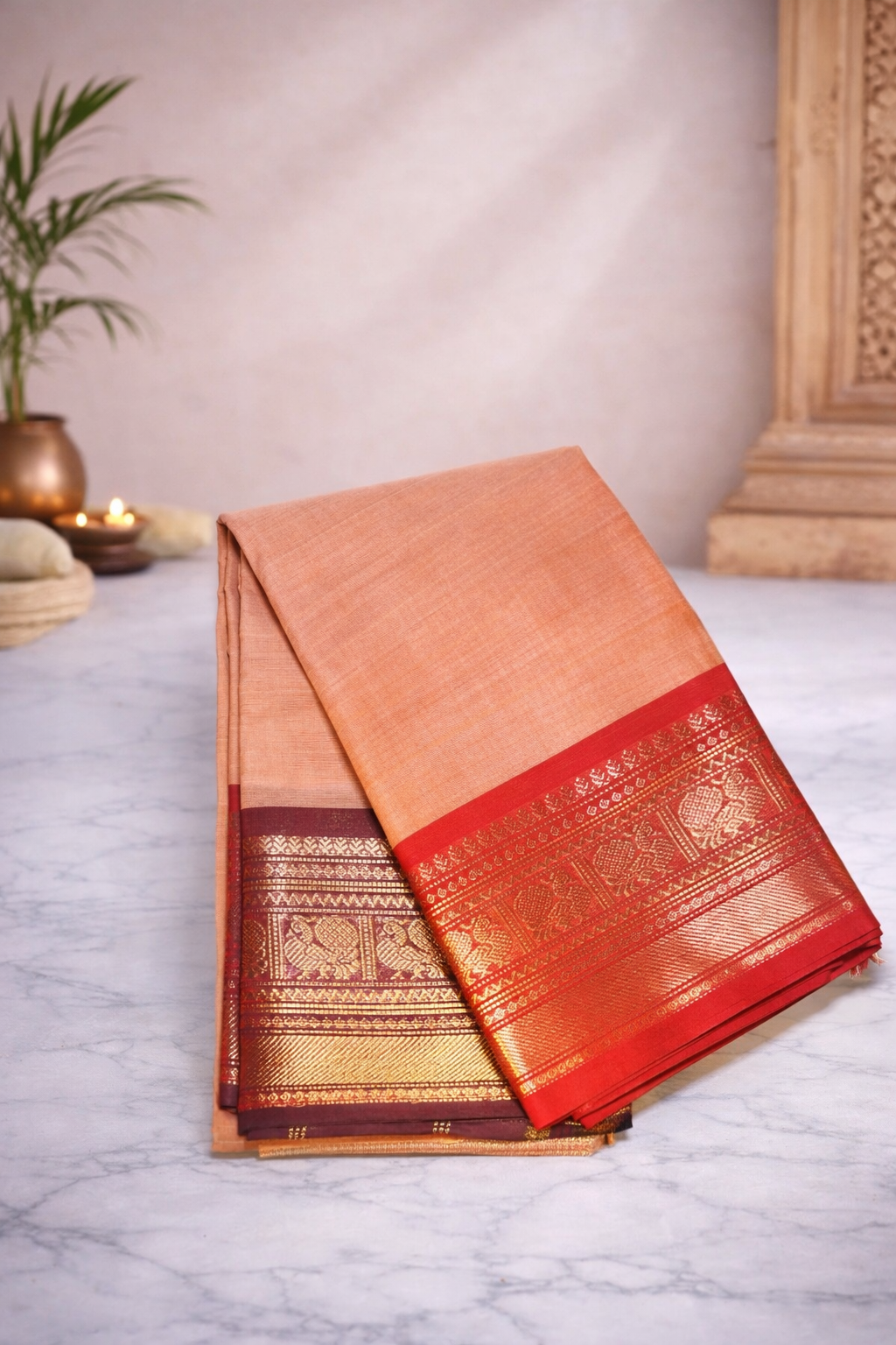 Apricot with ganga jamuna kanchi border - Chettinad cotton