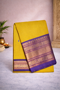 Citrine yellow with deep purple kanchi border- Hand butta - Chettinad cotton