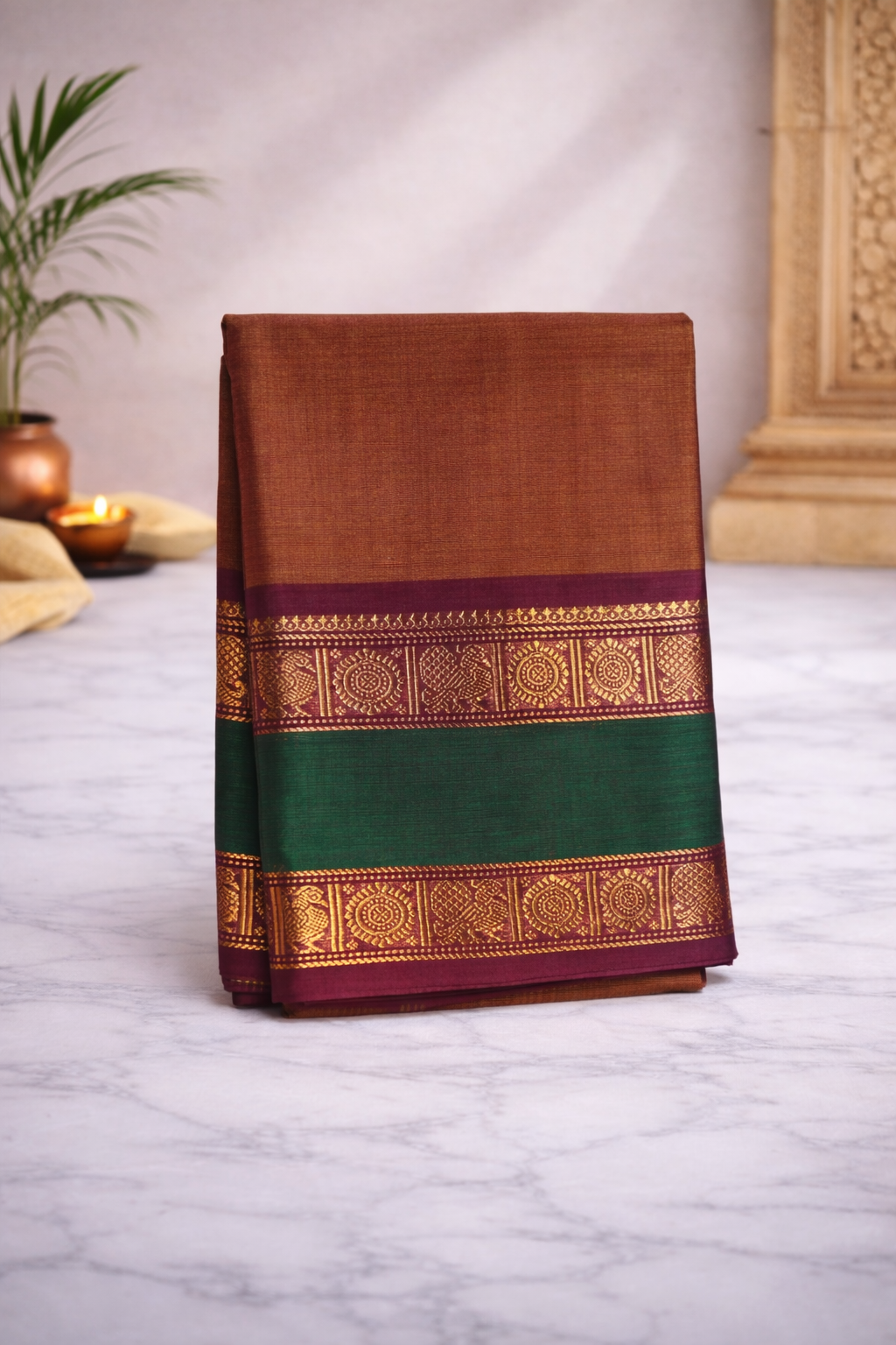 Light brown with rettapet border - Chettinad cotton