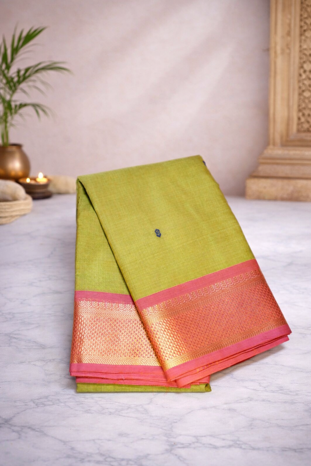 Lime green with peach border - hand butta - Chettinad cotton