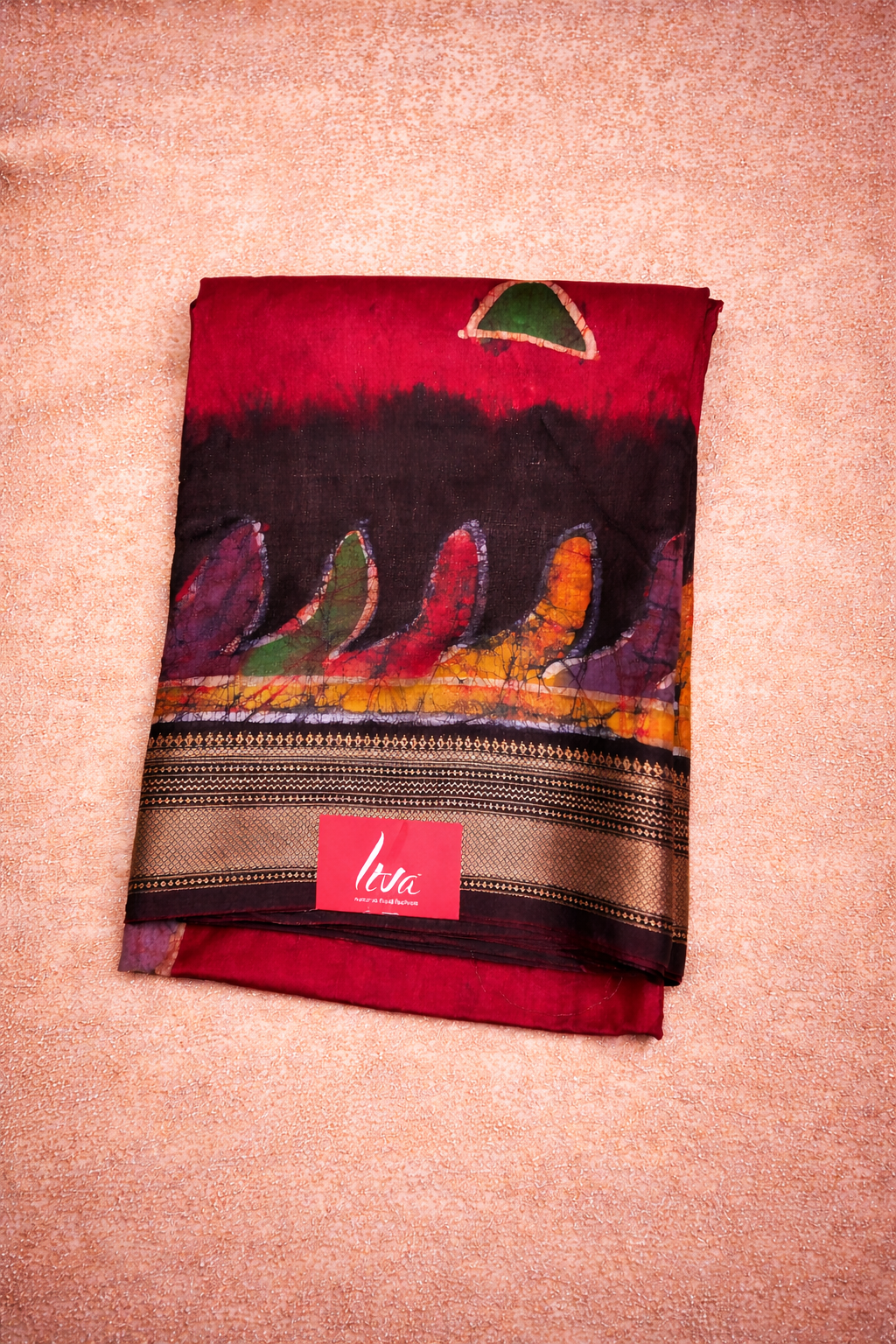 Art Maheshwari Silk Saree with Hand Batik Work-Deep red and Black