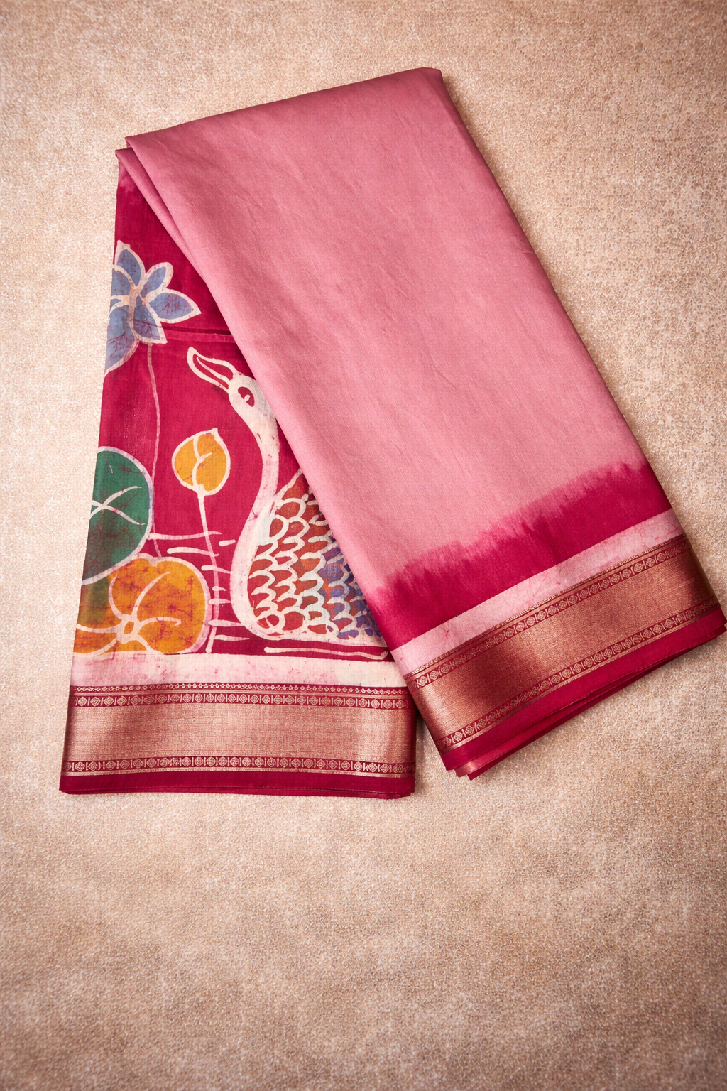 Art Maheshwari Silk Saree with Hand Batik Work -Dusty rose