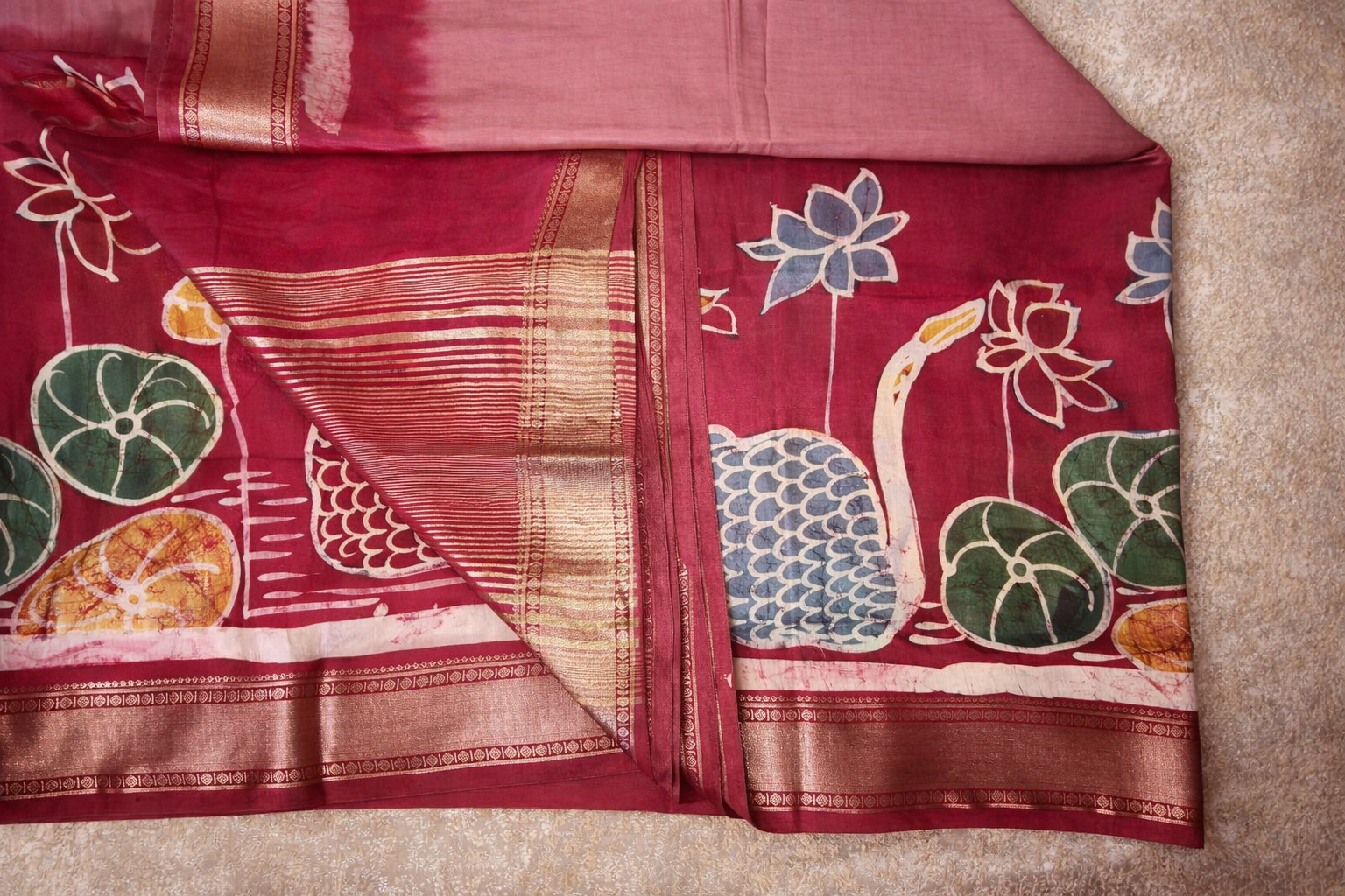 Art Maheshwari Silk Saree with Hand Batik Work -Dusty rose