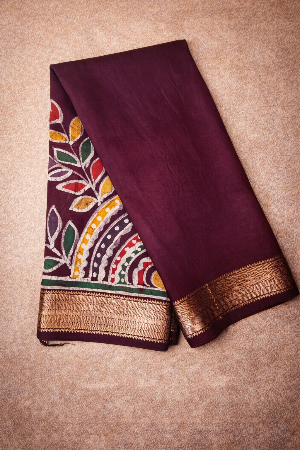 Art Maheshwari Silk Saree with Hand Batik Work -Wine red