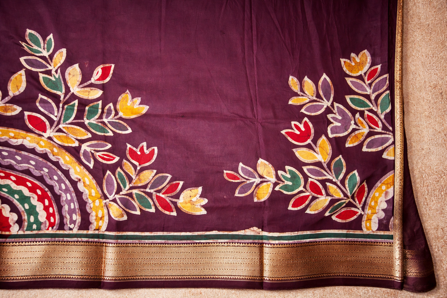 Art Maheshwari Silk Saree with Hand Batik Work -Wine red