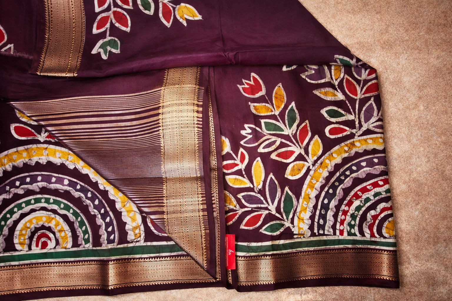 Art Maheshwari Silk Saree with Hand Batik Work -Wine red