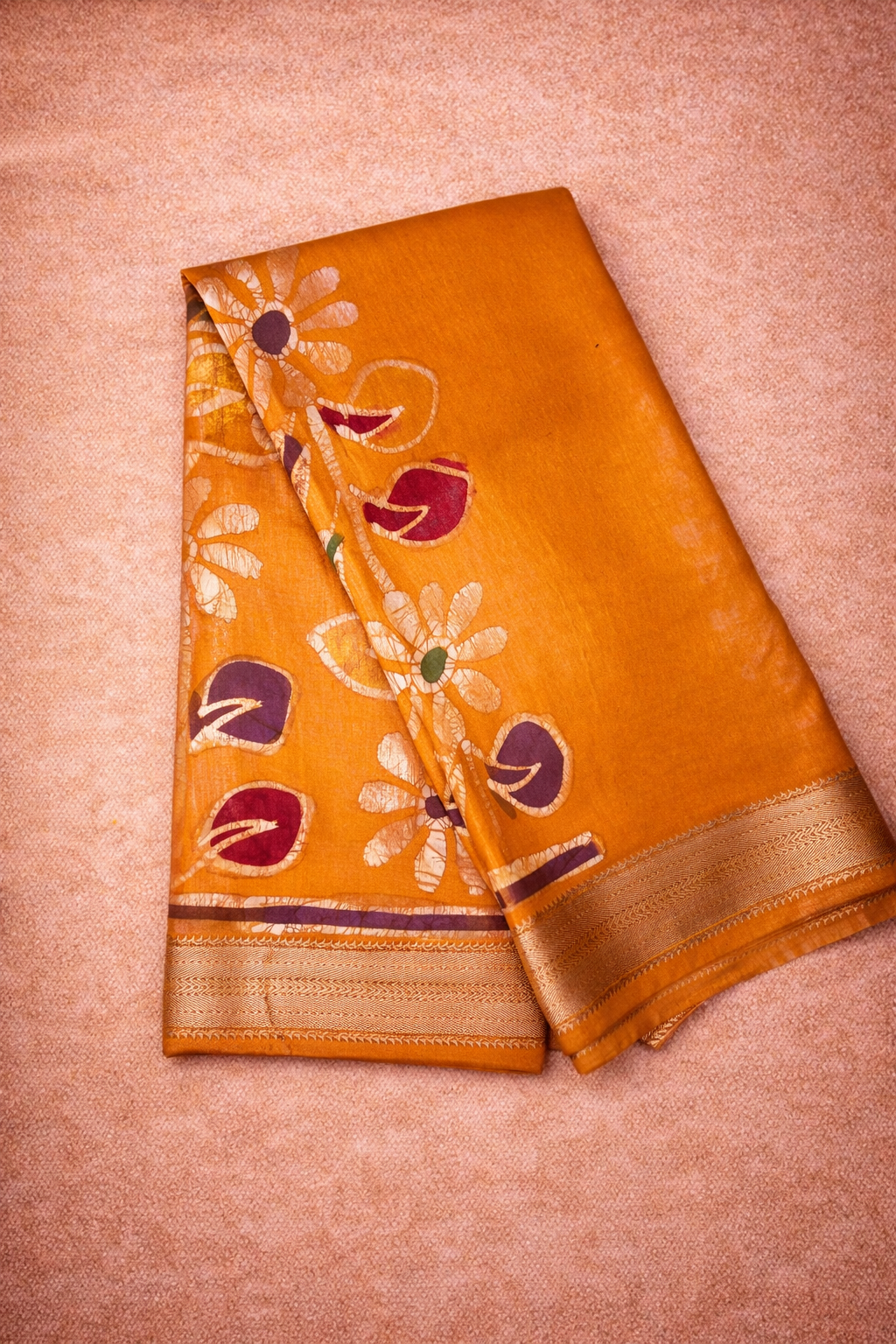 Art Maheshwari Silk Saree with Hand Batik Work -Mustar yellow