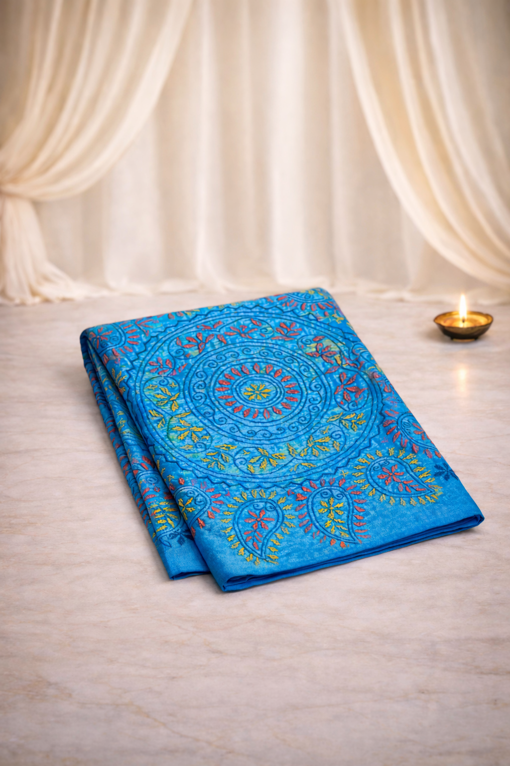 Kantha Hand Embroidered Tussar - Blue Saree