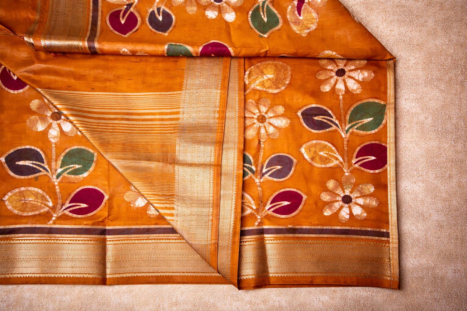 Art Maheshwari Silk Saree with Hand Batik Work -Mustar yellow