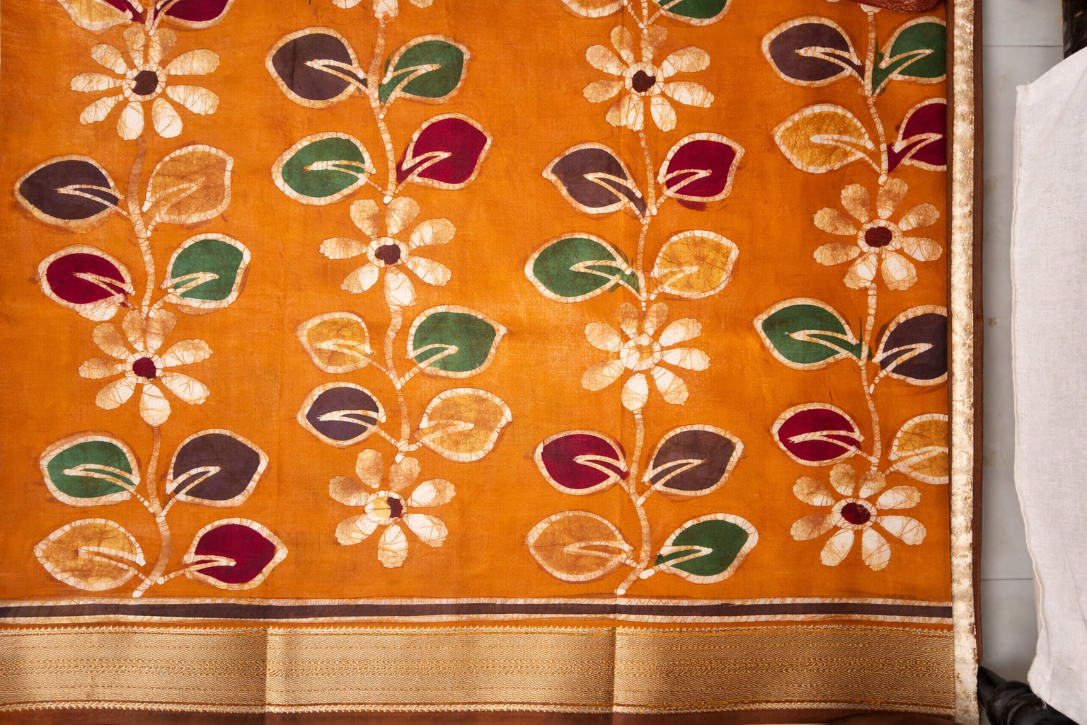 Art Maheshwari Silk Saree with Hand Batik Work -Mustar yellow