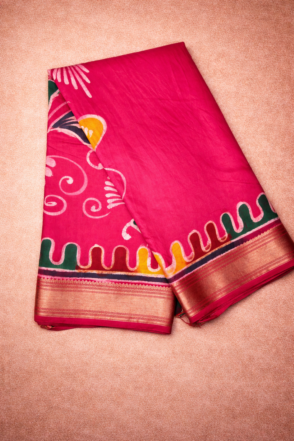 Art Maheshwari Silk Saree with Hand Batik Work -Rani pink