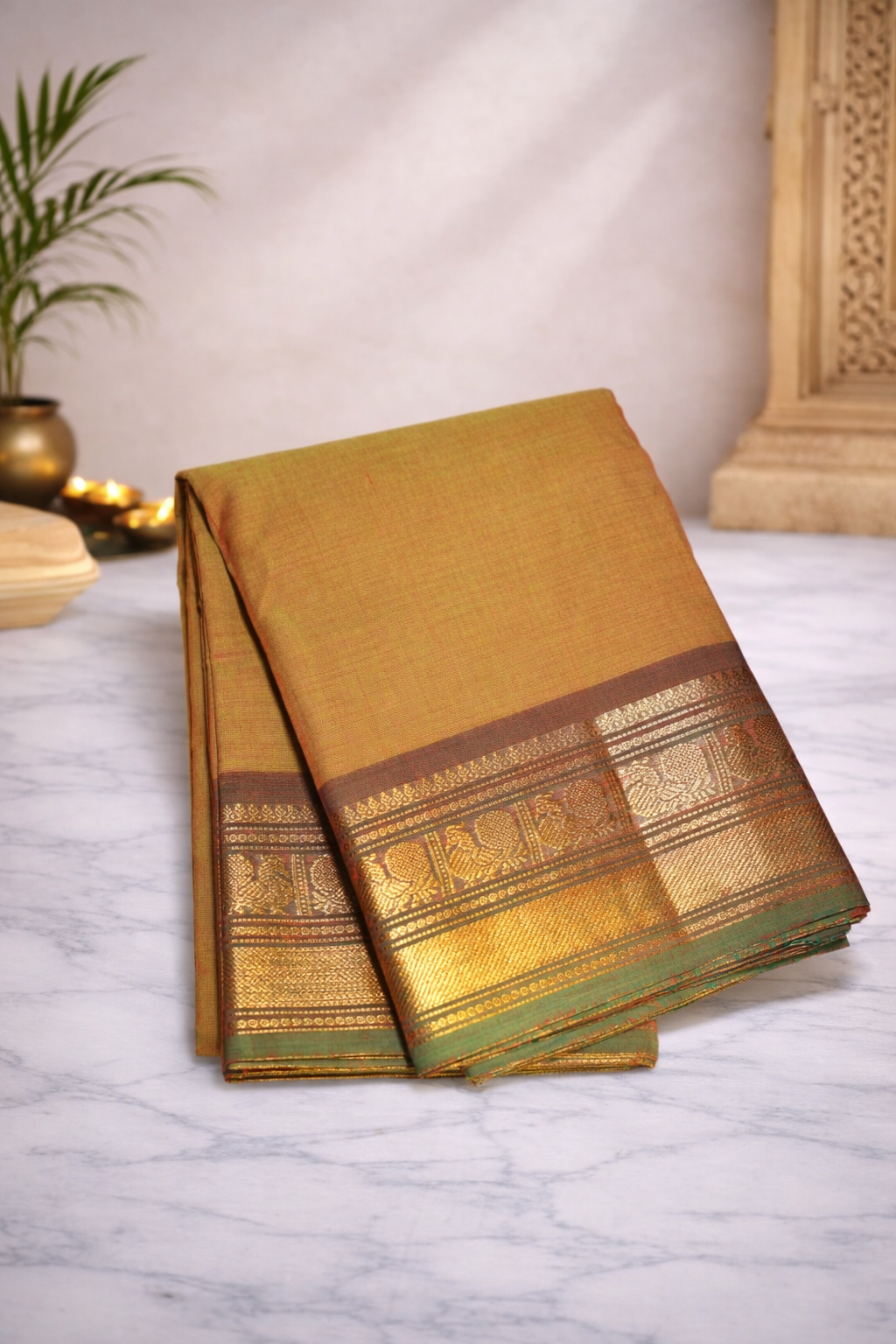 Greenish brown dual shade with golden green border