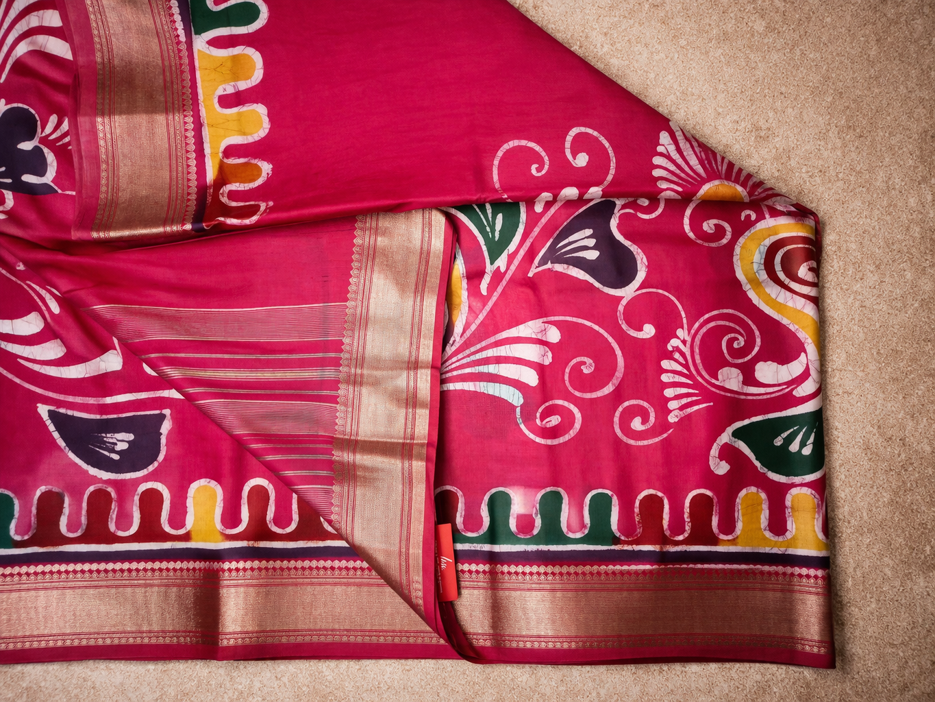 Art Maheshwari Silk Saree with Hand Batik Work -Rani pink