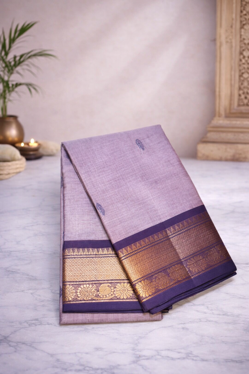 Muted lavender with grey undertones - deep purple border - Chettinad cotton