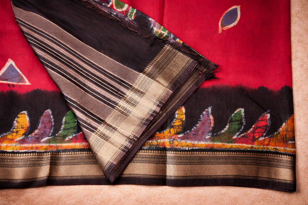 Art Maheshwari Silk Saree with Hand Batik Work-Deep red and Black