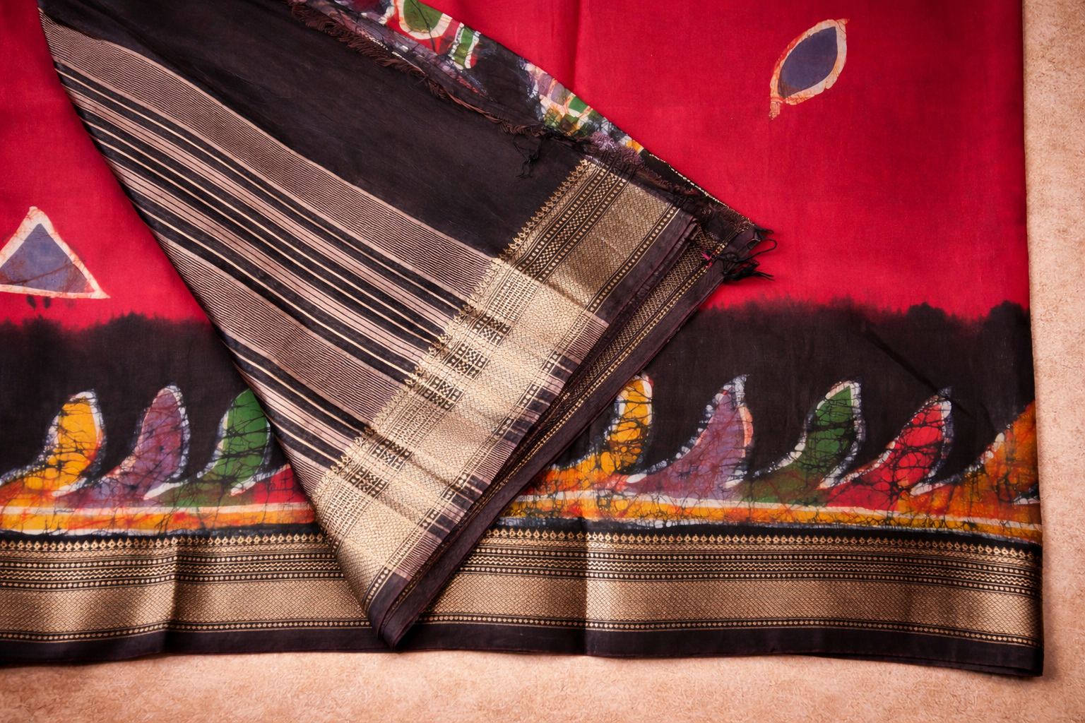 Art Maheshwari Silk Saree with Hand Batik Work-Deep red and Black