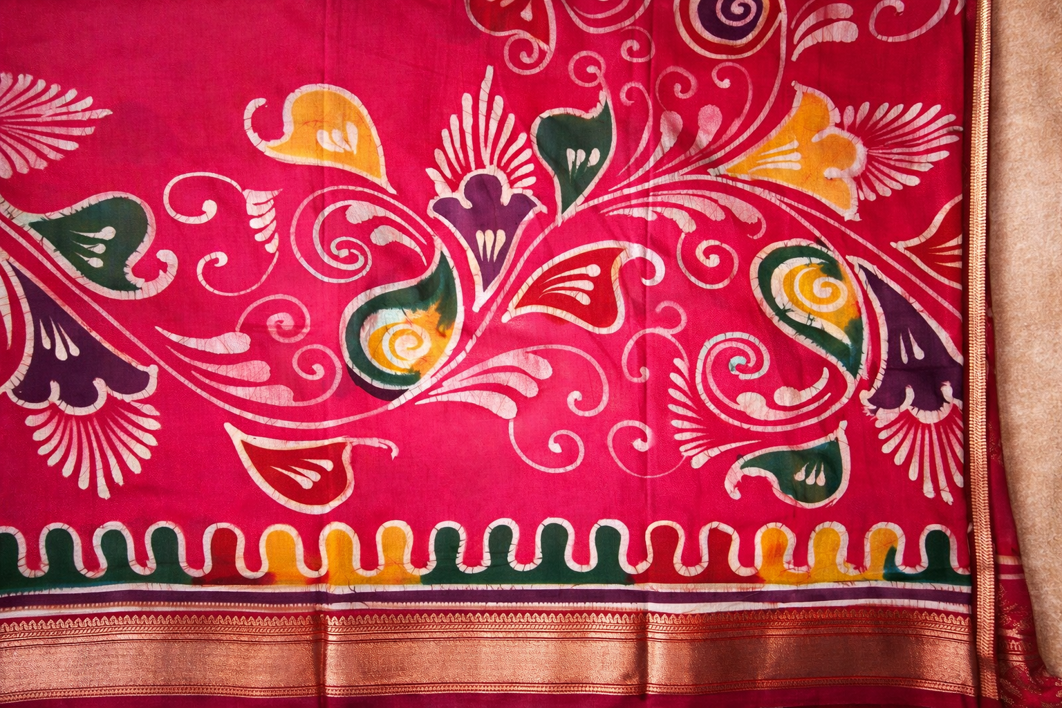Art Maheshwari Silk Saree with Hand Batik Work -Rani pink