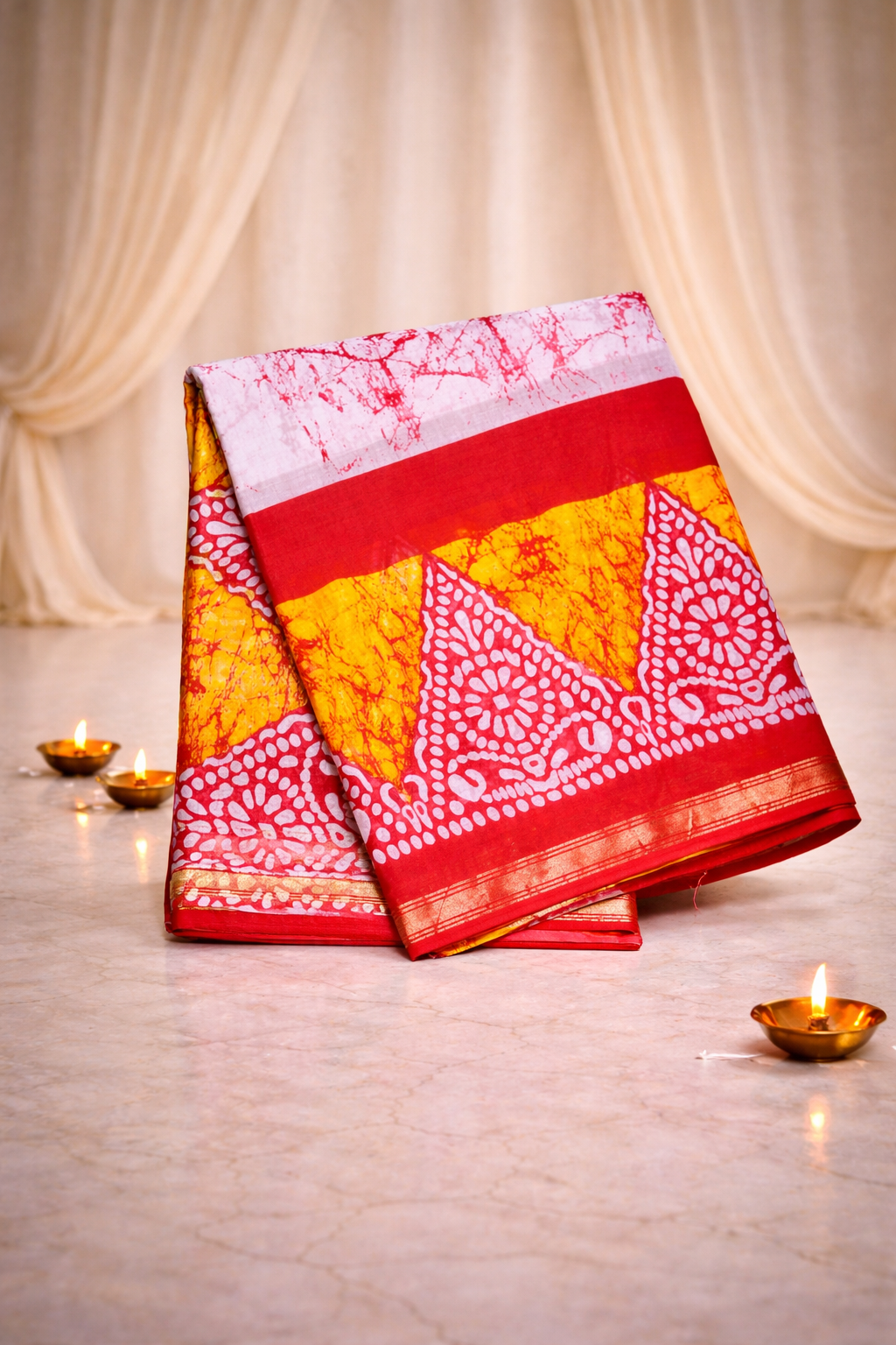 Zari Cotton - Batik Print - Redwhite saree