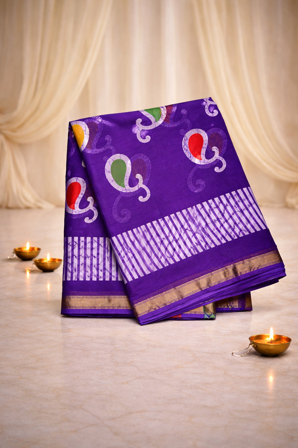 Zari Cotton - Batik Print - Violet Saree
