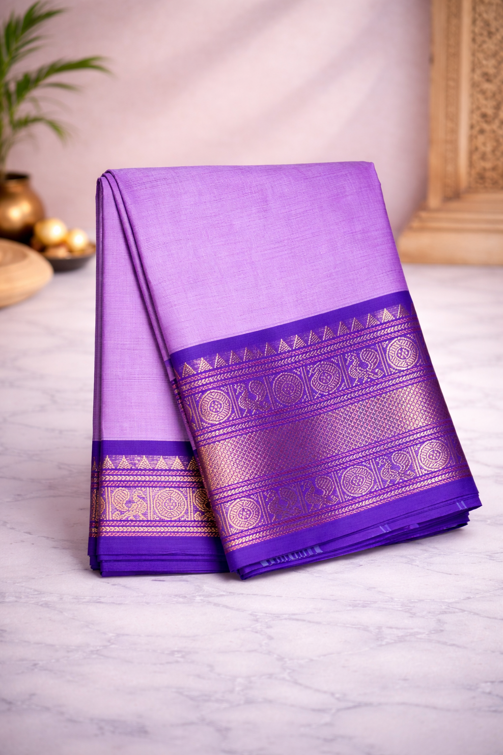 Lavender with purple kanchi border- Hand butta- Chettinad cotton