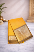 Mustard yellow with brownish gold kanchi border - chetinad cotton