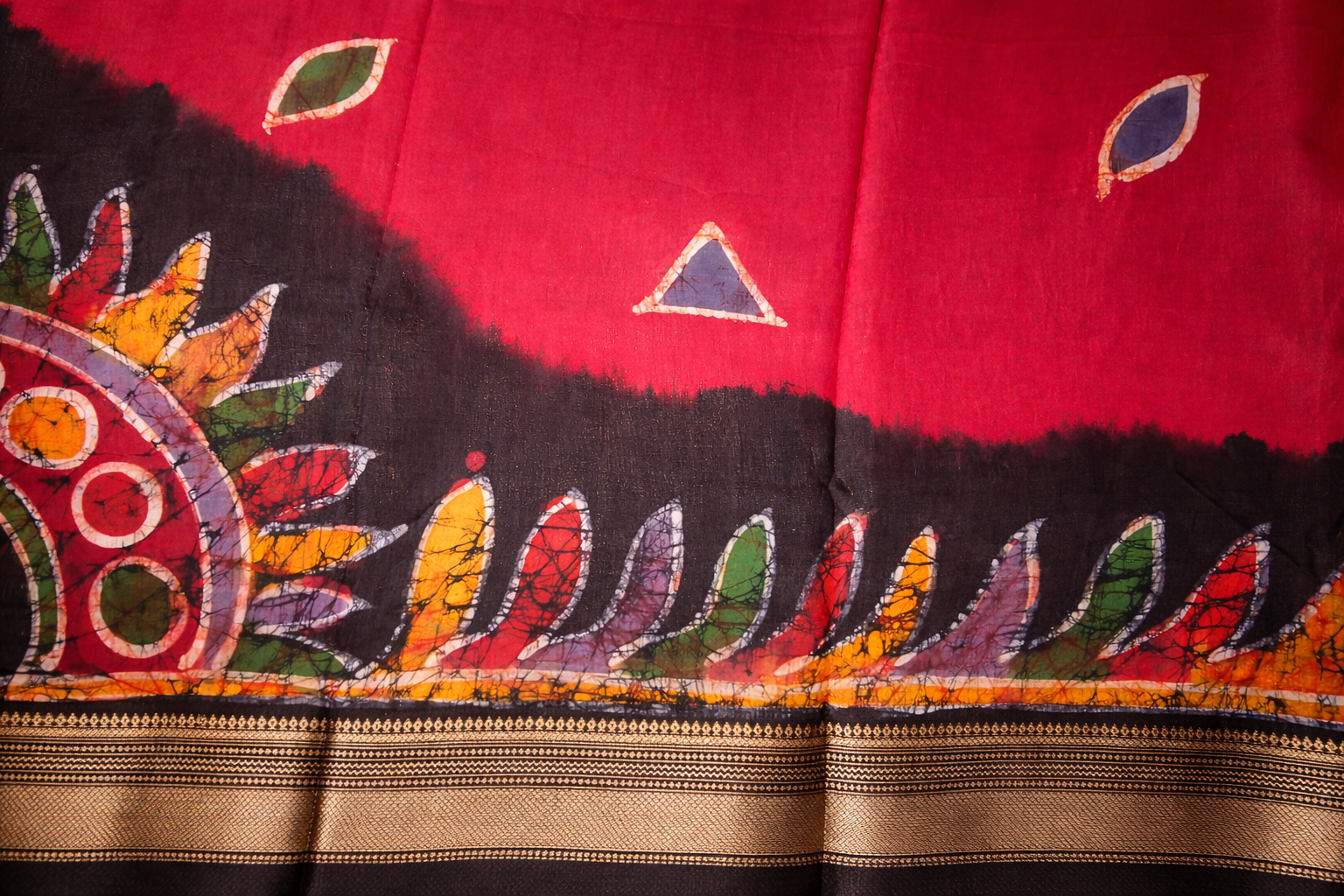 Art Maheshwari Silk Saree with Hand Batik Work-Deep red and Black