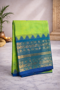 Light green with bluish green kanchi border- Hand butta- Chettinad cotton