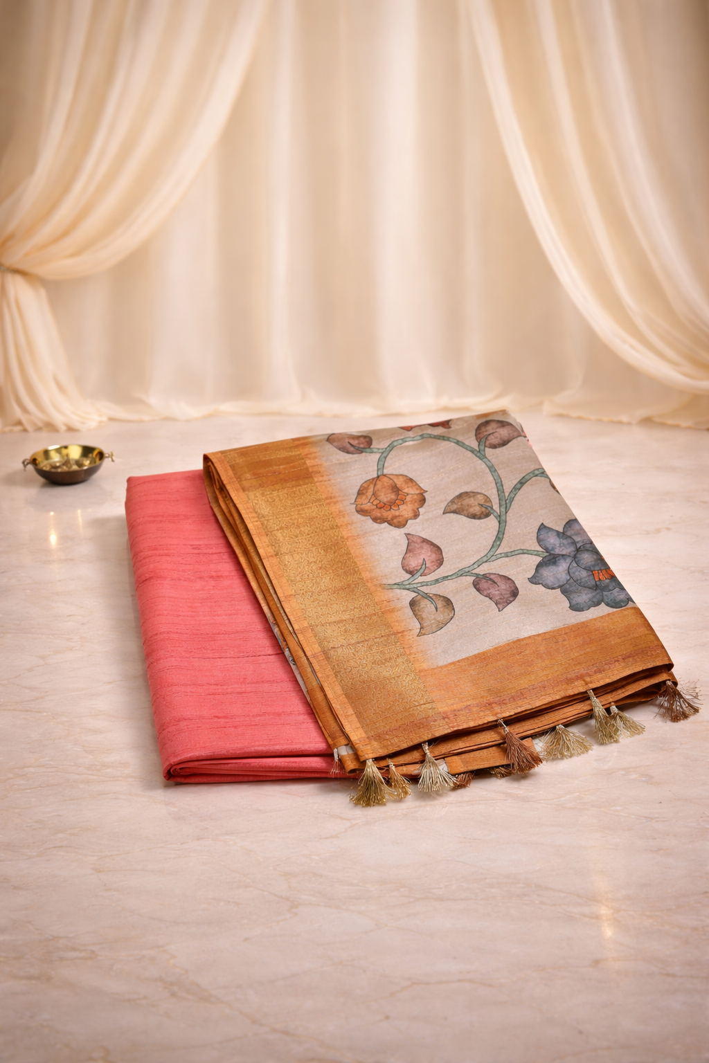 Tussar Bengal Hand Print - Mustard yelow+ burnt orange saree