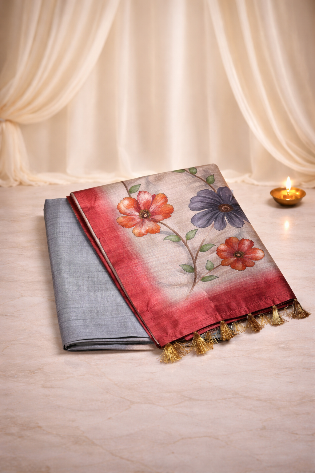 Tussar Hand print Silk - Burnt orange + grey saree