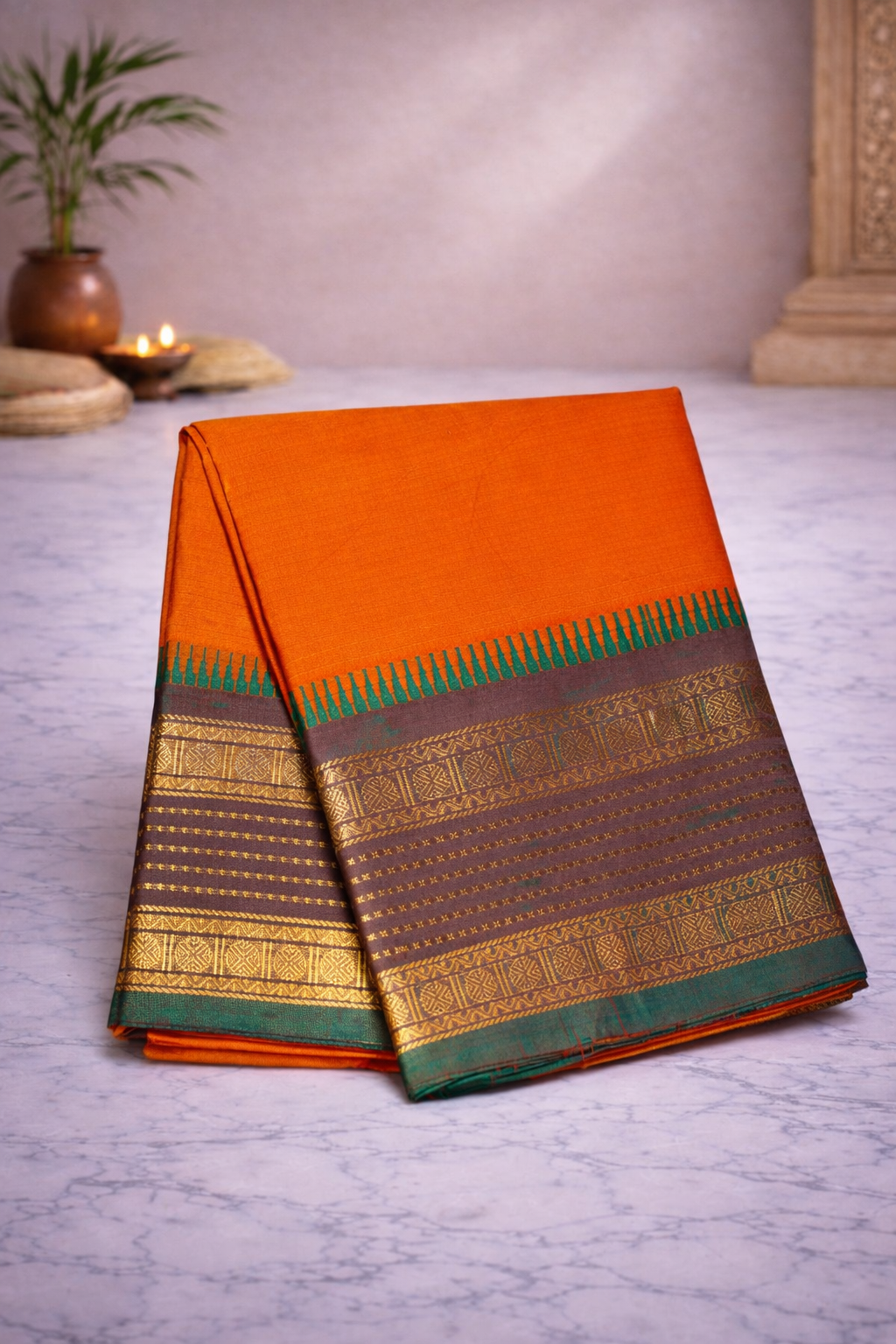 Orange with dark green kanchi border - Hand batta - double side border