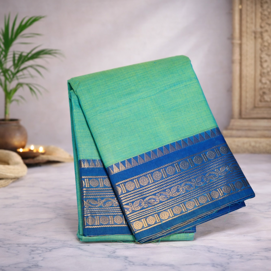 Pista green with blue border - golden zari - Chettinad cotton