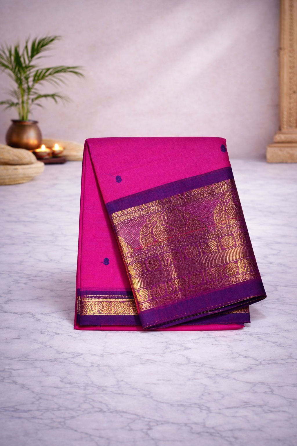 Rani pink with jamun kanchi border - Hand butta - Chettinad cotton