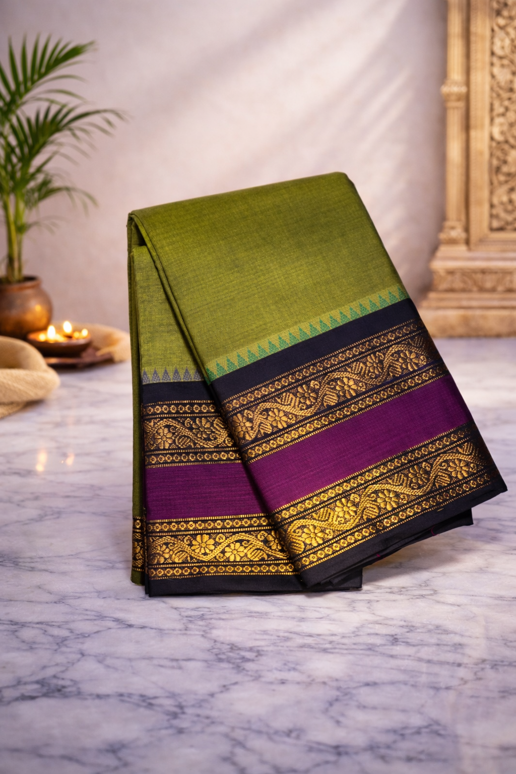 Olive green with rettapet border - Chettinad cotton