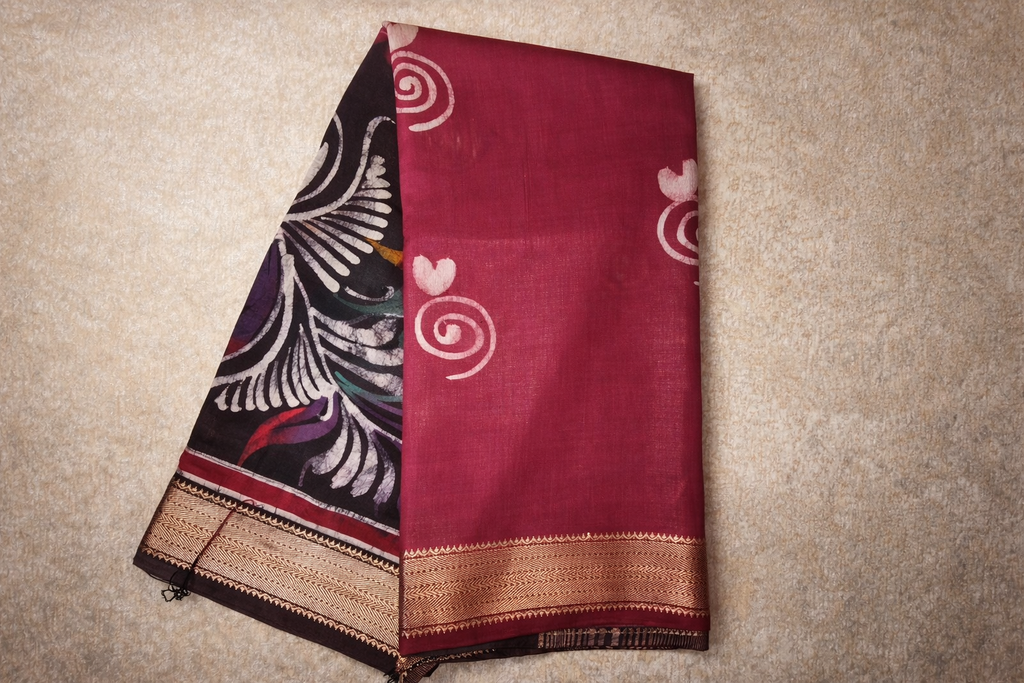 Art Maheshwari Silk Saree with Hand Batik Work -Magenta/maroon