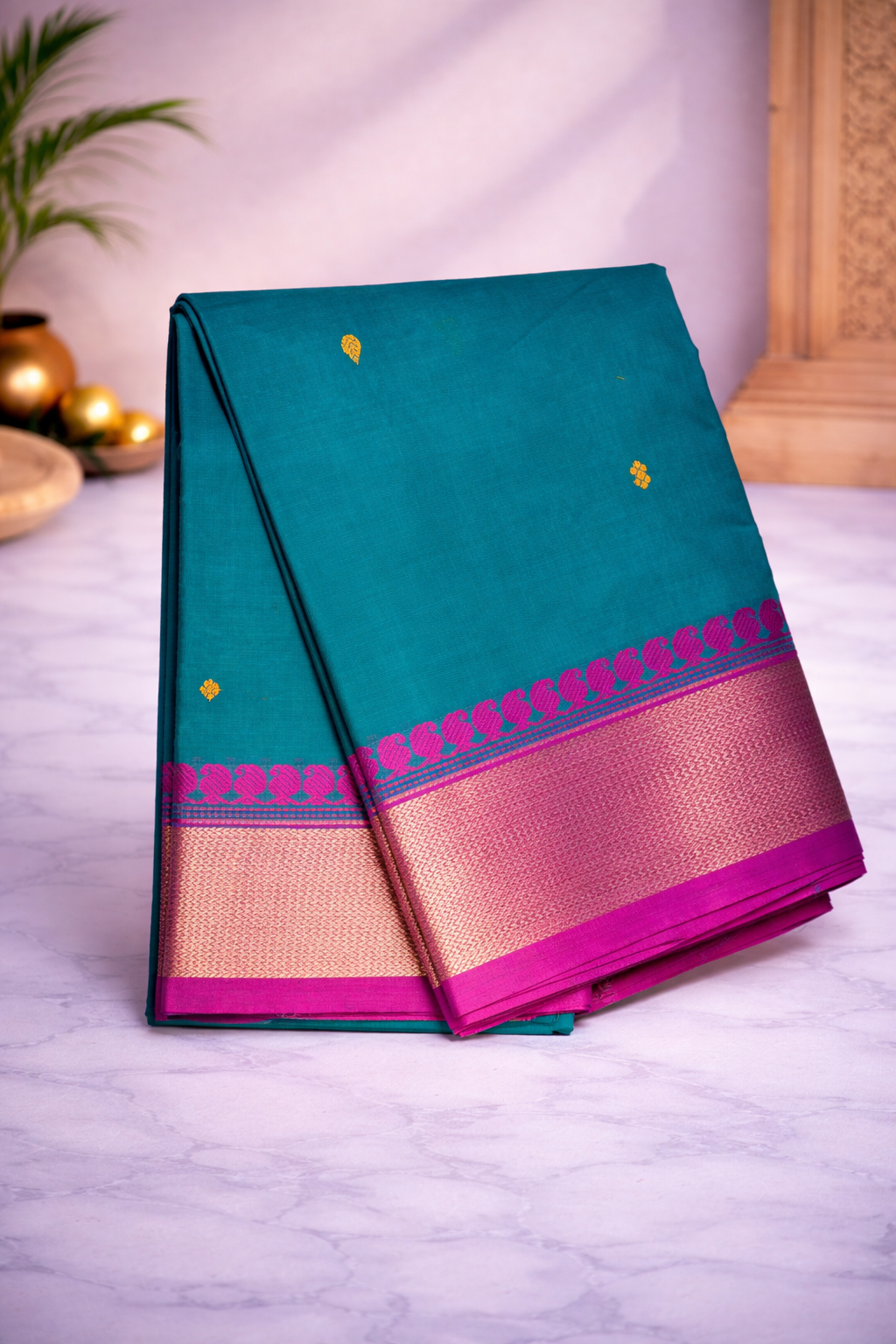 Teal with pink kanchi border- Hand butta- double side border- Chettinad cotton