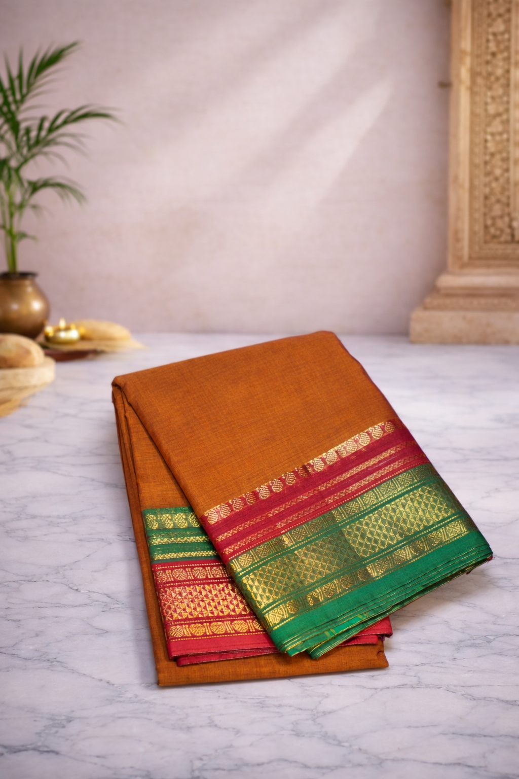 Mustard brownish hue with ganga jamuna border