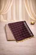 Checked Semi Tussar Silk - Contrast pallu - Coffee Brown