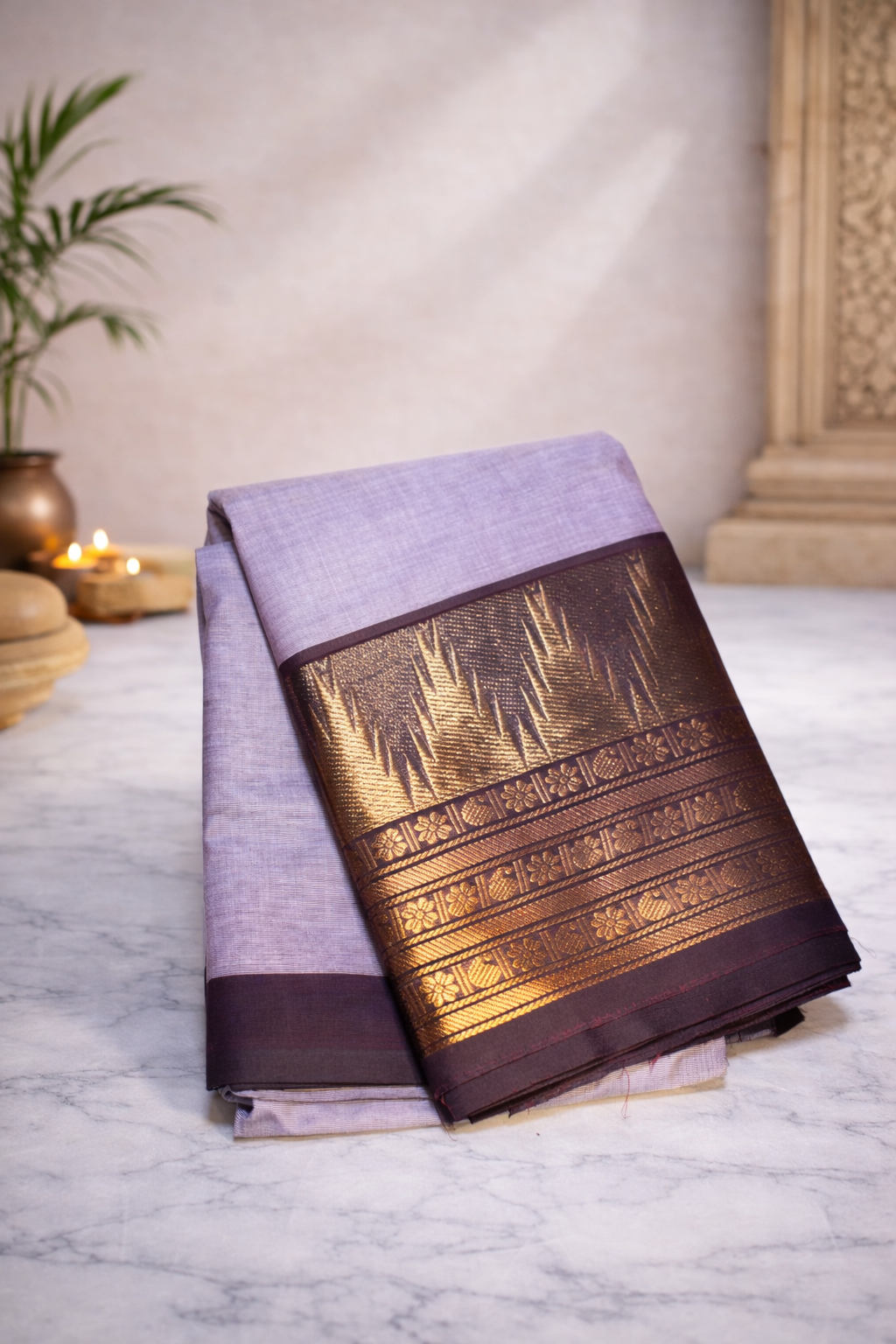 Grey with coffee brown zari border - Chettinad cotton