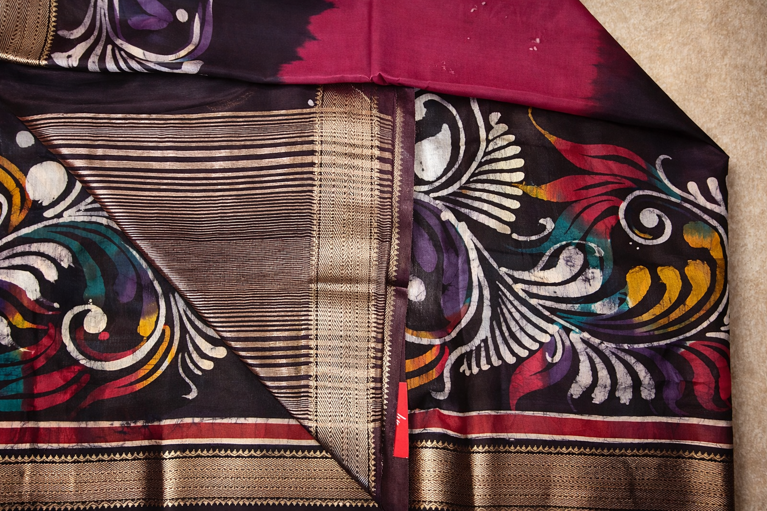 Art Maheshwari Silk Saree with Hand Batik Work -Magenta/maroon