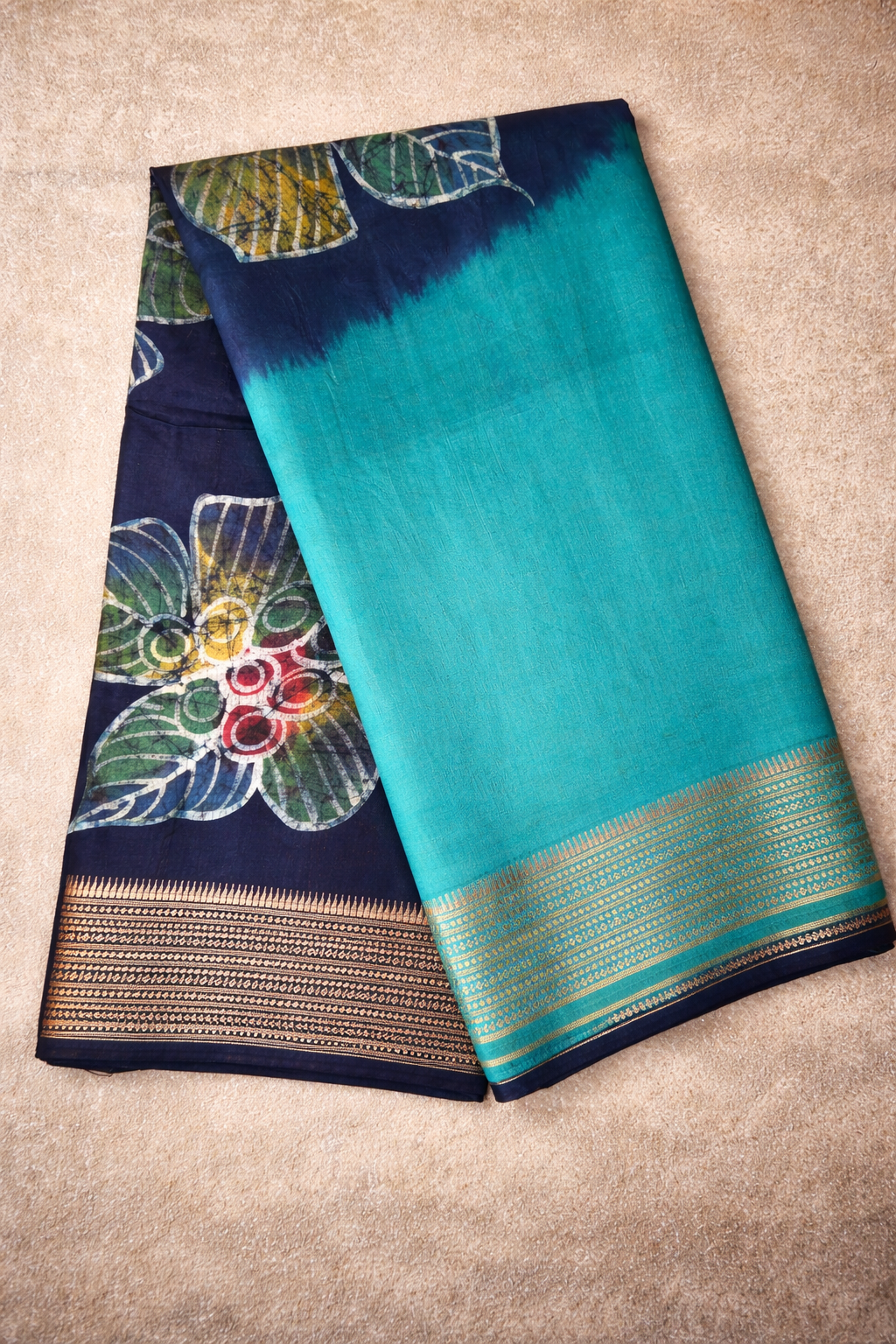 Art Maheshwari Silk Saree with Hand Batik Work -Teal blue and Dark blue