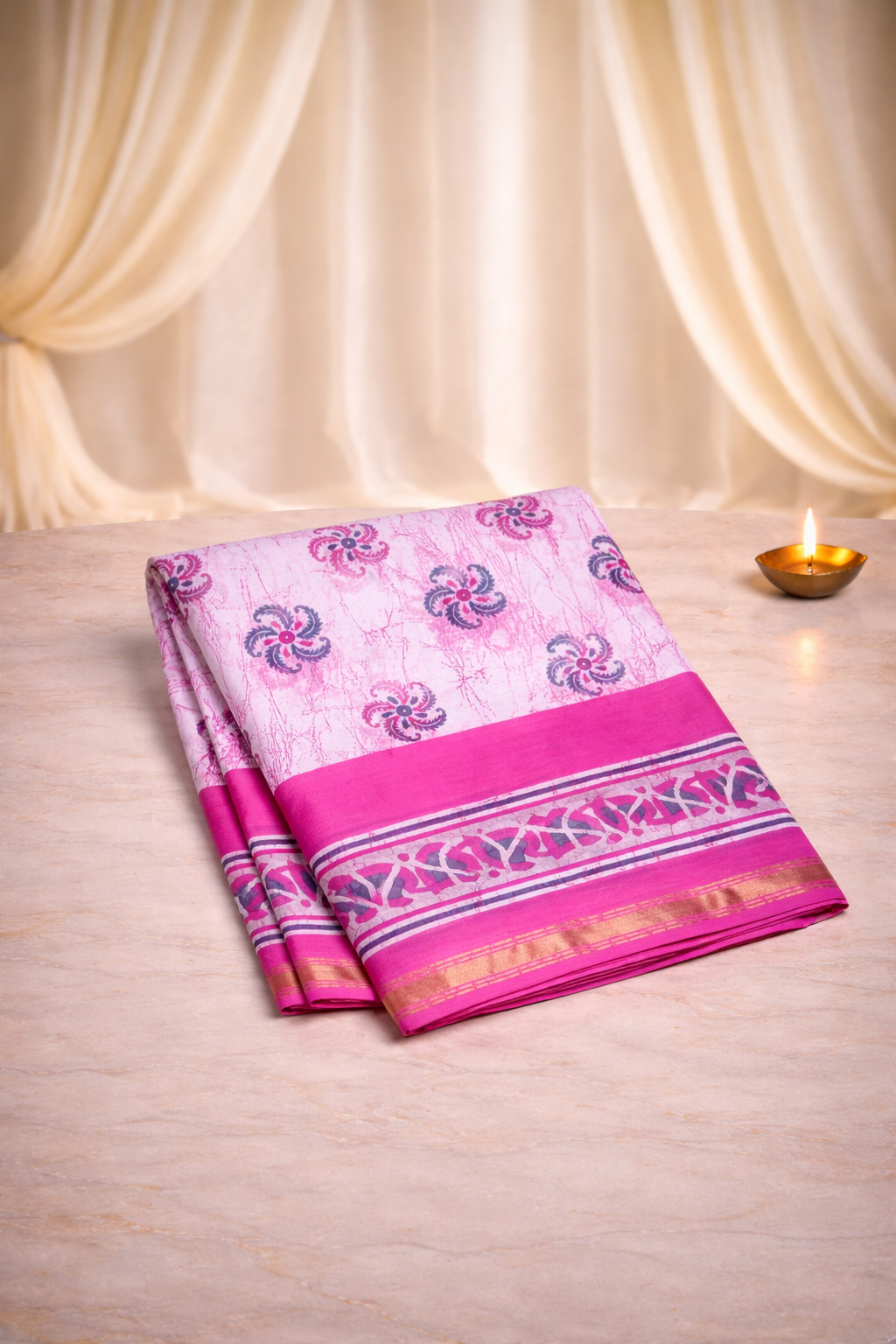 Zari Cotton - Batik Print - PinkWhite Saree