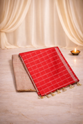 Checked Semi Tussar Silk - Contrast pallu - Red Saree