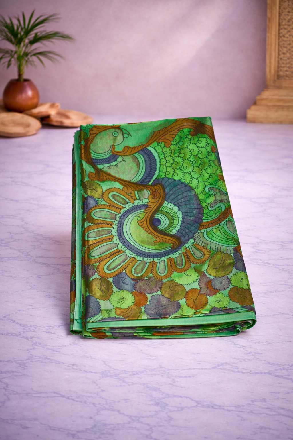 Mangalgiri Silk - Kalamkari Hand Painting (screen print) - Green