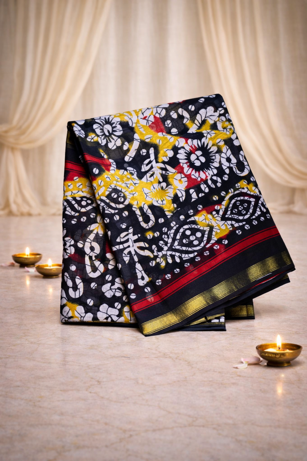 Zari Cotton - Batik Print - Black saree