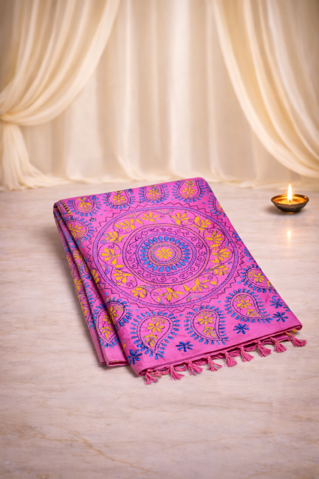 Kantha Hand Embroidered Tussar - Pink Saree