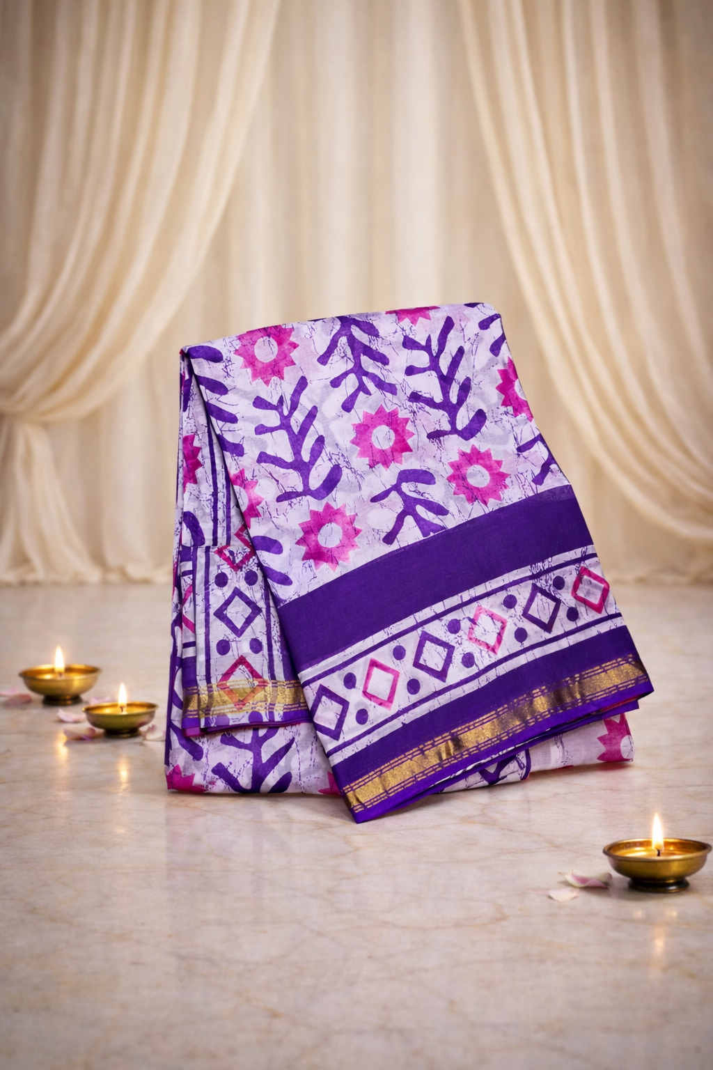 Zari Cotton - Batik Print - Whiteviolet saree