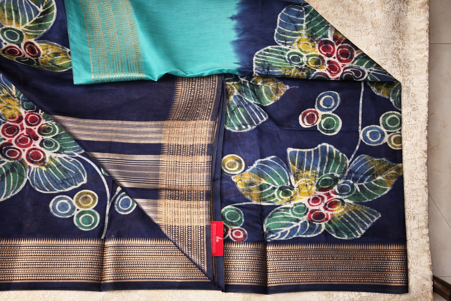 Art Maheshwari Silk Saree with Hand Batik Work -Teal blue and Dark blue