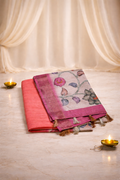 Tussar Bengal Hand print - burnt orange + onion pink saree