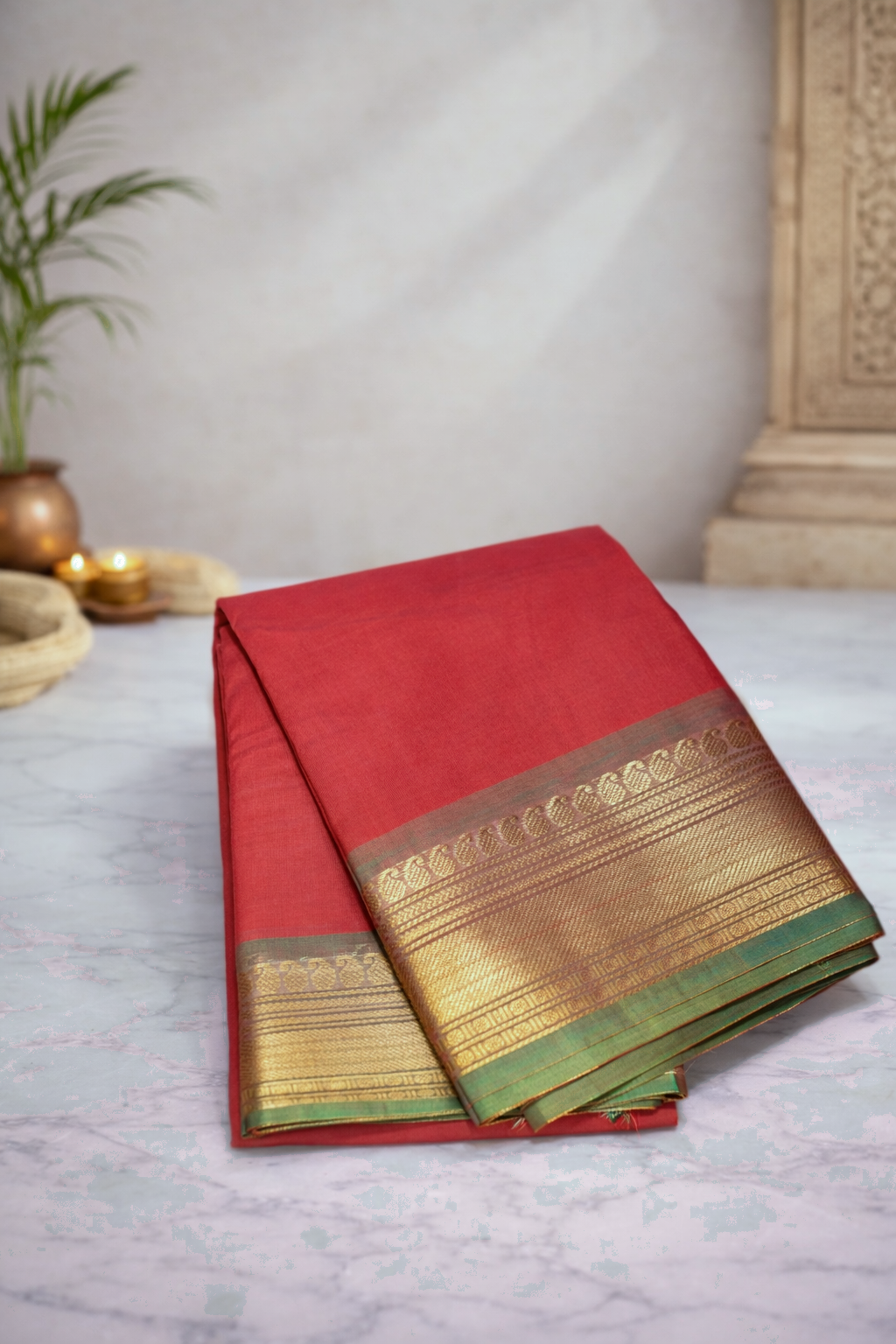 Kukumam red with green border - Chettinad cotton